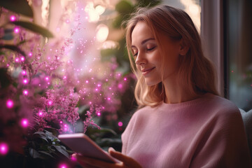 Magic Moment: Woman with Digital Tablet and Glowing Pink Sparkles