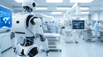 Advanced robot in high-tech lab thinking, researching AI, and future technology