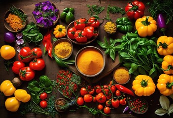 vibrant display culinary ingredients colorful arrangements showcasing fresh edible flowers, colors, produce, spices, herbs, fruits, vegetables, peppers