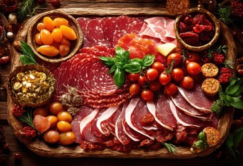 exquisite close view savory meat platter displaying variety rich textures delightful colors, charcuterie, gourmet, cuisine, appetizer, food, presentation