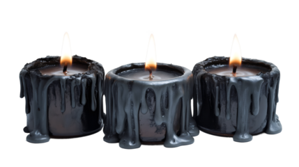 Black candles burning, dripping molten wax against transparent background, casting dark, haunting mood