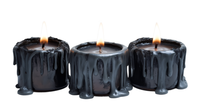 Black candles burning, dripping molten wax against transparent background, casting dark, haunting mood