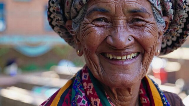 Portrait of a cheerful senior nepali woman wearing traditional headscarf and clothing, her face etched with wrinkles and wisdom, showcasing the vibrant culture of nepal