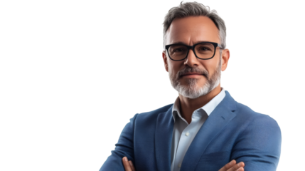Mature businessman wearing eyeglasses and a suit, crossing arms against a transparent background, exuding confidence and professionalism