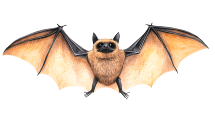 Colored pencil drawing of a realistic bat flying with its large wings spread and a transparent background