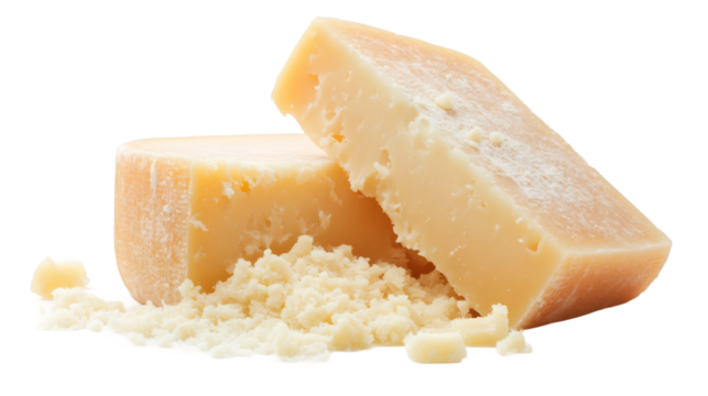 Parmesan cheese wedges grated, presenting rich golden texture against transparent background, highlighting culinary ingredient