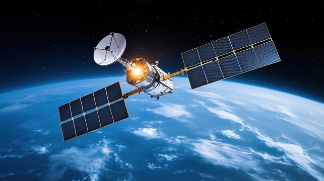 A space satellite hovers above the Earth captured amidst a star-filled cosmos. The satellite showcases solar panels and communication dishes ideal for research and exploration