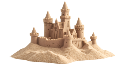 Sandy miniature castle perched on coastal dune, delicate architectural details emerging against crisp white backdrop