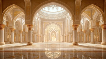 Obraz premium Sunlit grand Islamic hall, ornate arches, marble floor, peaceful background; ideal for religious or architectural projects