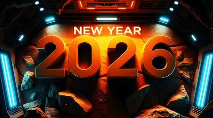 Realistic Happy New Year 2026 Celebration with Bold Text on 100 Percent Pure White Wall in Modern Minimalist Style