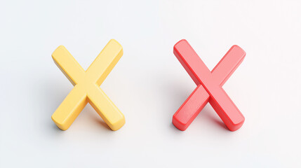 Obraz premium Two 3D cross, false mark, or check symbol icons pink and yellow color isolated on a white background.