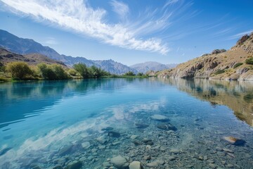 Calm waters reflect mountains under a blue sky at a serene location in nature during the late afternoon