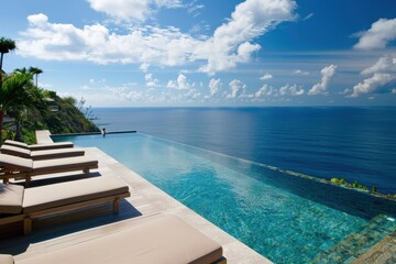 Fototapeta premium Expansive infinity pool overlooking a serene ocean at sunset, surrounded by cliffs and trees, offering a tranquil escape