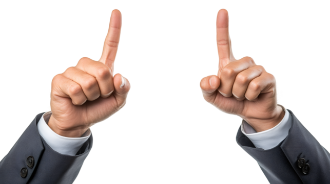 Professional hands gesturing upward, businessperson indicating direction with index fingers on transparent backdrop, conveying leadership concept