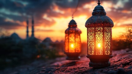 Fototapeta premium Sunset Ramadan lanterns, mosque background, festive celebration, religious holiday