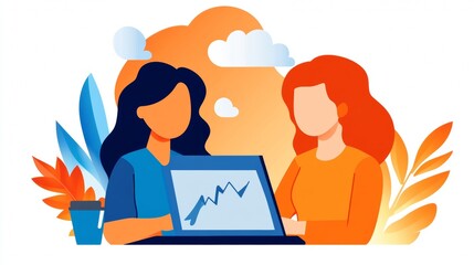 Two women collaborate on a project, reviewing data on a laptop.  Vibrant colors and a positive mood.