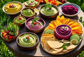 deliciously flavorful snack platters featuring vibrant colorful dips perfect gathering, appetizer, savory, fresh, vegetable, arrangement, bite, creamy