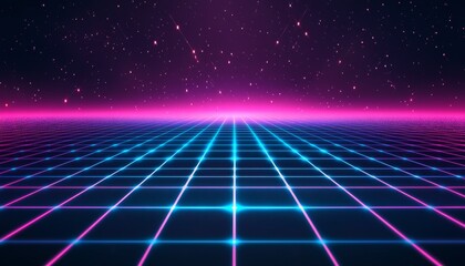 Neon Grid Retro Background 1980s Style With Light Particles, Abstract Vector Art Illustration