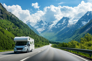 Scenic mountain highway with modern camper motorhome on sunny summer day