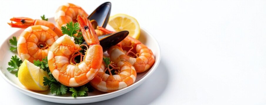 A seafood platter with shrimp, scallops, mussels, and crab legs arranged artfully on a white background , scallops, shrimp, crablegs