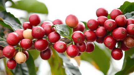 Obraz premium Vibrant coffee cherries ripening on a branch amidst lush green leaves in a tropical setting