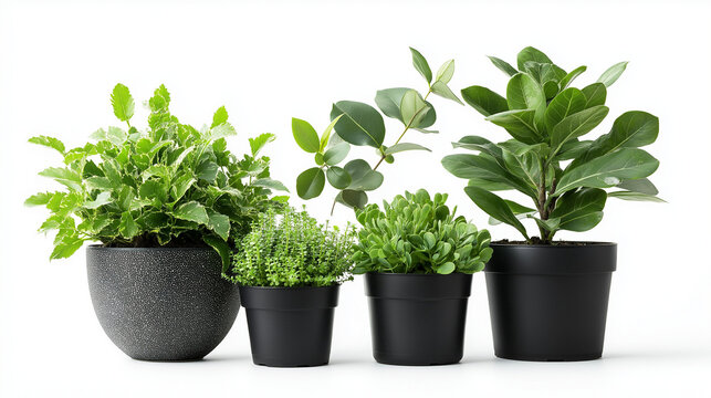 four different shapes of  black pots  have different types  of fresh green  plants   isolated on white background