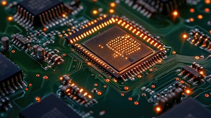 Obraz premium Close-up of glowing computer microchip on circuit board