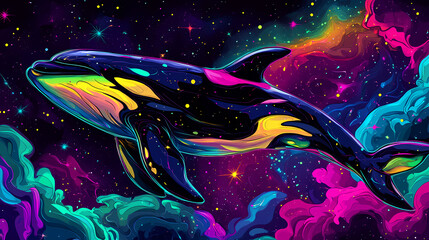 Neon orca swims cosmic space; starry background; digital art, website. Neon Cosmic Whales. Illustration