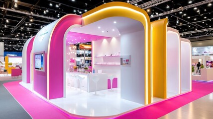 Vibrant exhibition booth with modern design and colorful lighting at trade show