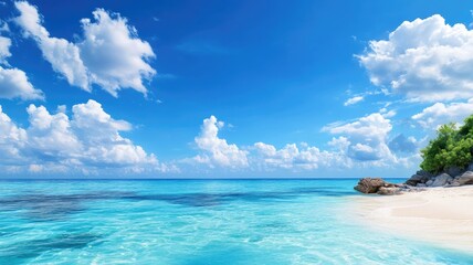 Fototapeta premium Bright tropical beach with clear blue sky, white sand, and turquoise ocean
