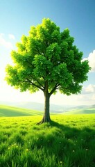 Fototapeta premium A single tree in a field with sunlight filtering through its leaves, environmental, foliage, forest
