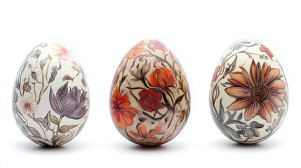 Fototapeta premium a close up of spring easter eggs painted with amazing colors and decorated by flowers design isolated on white background 