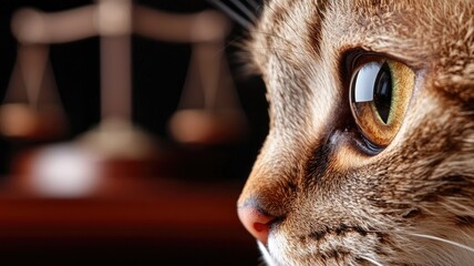 Close-up of cat's face with scales justice in background