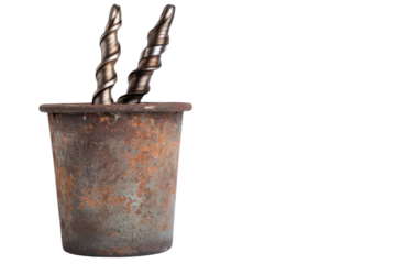 Twisted metal drills poised in an aged terracotta pot on a minimalist background isolated on transparent background