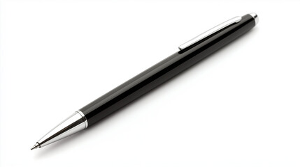 black ballpoint pen used for writing isolated on white background 