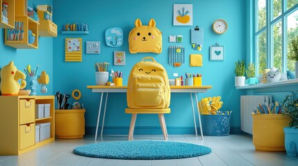 Child's bright yellow and blue room, ready for school.  Perfect for education, back-to-school promotions