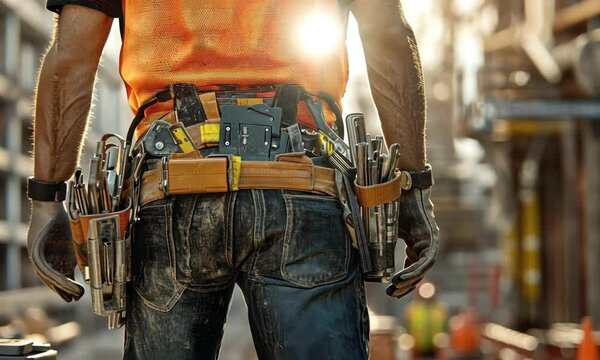 Construction Worker with Tool Belt at Sunset