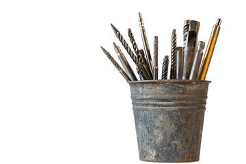 Artisan tools gathered together in a rustic metal bucket on a bright background isolated on transparent background