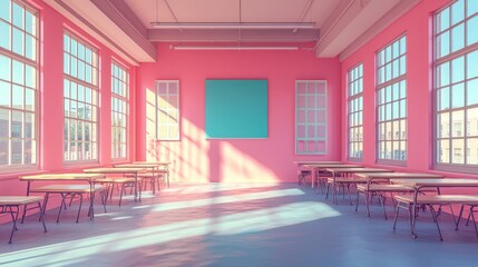 Sunlit pink classroom, desks arranged, empty, education