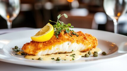Crispy golden fish fillet with lemon slice, served on white plate, garnished capers and microgreens