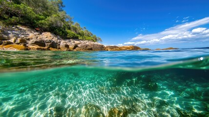 Obraz premium Pristine beach with turquoise water and rocky shoreline under bright blue sky