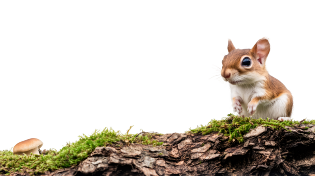 Tiny chipmunk perched on moss-covered log, adjacent mushroom, transparent background highlighting woodland creature's delicate details