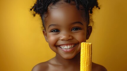 Happy girl eating corn on yellow background