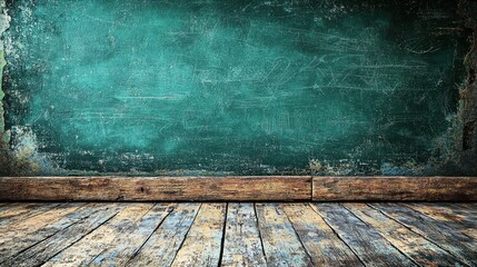 Rustic classroom, teal chalkboard, wooden floor, empty space, education background