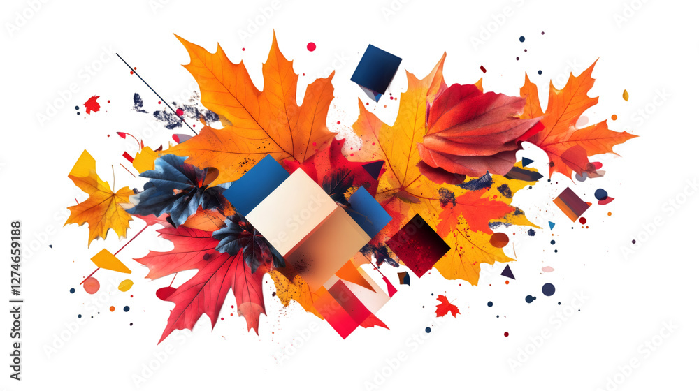 Poster Autumn leaves exploding with colorful geometric shapes on a transparent background, creating a vibrant and dynamic composition