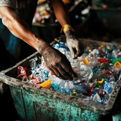 Obraz premium A man is sorting through a pile of plastic bottles, wearing dirty gloves
