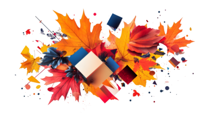 Autumn leaves exploding with colorful geometric shapes on a transparent background, creating a vibrant and dynamic composition
