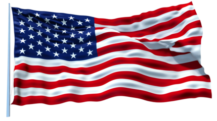 Weathered American flag billowing against transparent backdrop, representing national pride and liberty with crisp, dynamic movement