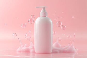 White shampoo bottle mockup with soap foam on a pink background
