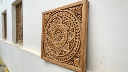 Naklejka premium Intricate Carved Wooden Panel on White Wall